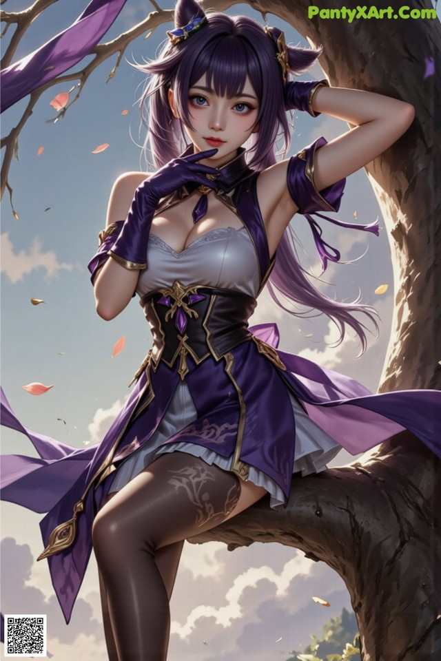 A woman in a purple dress sitting on a tree branch.