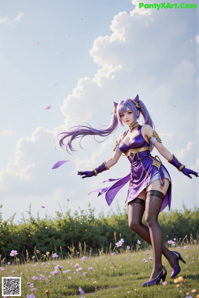 Hentai - Sovereign of Lightning in Exquisite Garb Set.1 20250125 Part 4 No.126be3 A woman in a purple dress is standing in a field of flowers.