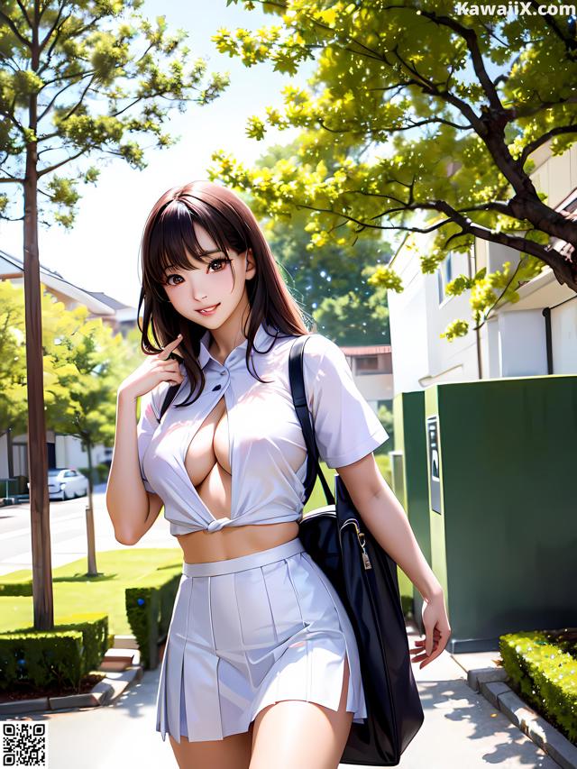 A woman in a white shirt and skirt is walking down the street.