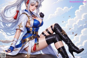 A woman in a blue and white outfit with a cat ears.